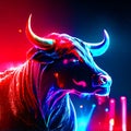 Illustration of a bull on a dark background with neon lights. Generative AI