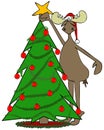 Bull moose hanging a star on a Christmas tree