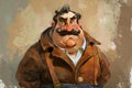 Illustration of a burly cartoon man with an exaggerated mustache, wearing a brown jacket, displaying a humorous and