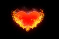 Illustration of Burning red heart surrounded by orange flames on a conceptual black background of love, romance and valentine Royalty Free Stock Photo
