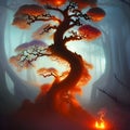 Burning tree in a foggy forest