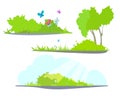 Illustration , bushes with grass, butterflies and flowers.