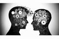 Business human heads made of gears and cogs exchanging ideas and knowledge