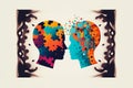 Business human heads made of gears and cogs exchanging ideas and knowledge