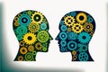 Business human heads made of gears and cogs exchanging ideas and knowledge