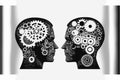 Business human heads made of gears and cogs exchanging ideas and knowledge