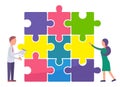 Illustration of business metaphoric puzzle square, teamwork process, analysis data, workflow