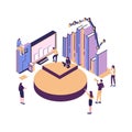 Illustration of a business, office workers study infographics on a graph of columns, analyze the evolutionary scale, business