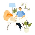 Illustration of a business young man working at home at a table in a laptop