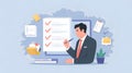 An illustration of a businessman checking items on a digital checklist, showing project management and task completion with a Royalty Free Stock Photo
