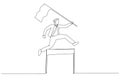 Illustration of businessman competing in race holding a leader flag jumping over obstacle concept of determination. Single line