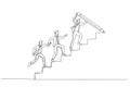 Illustration of businessman draw stair with pencil to lead team walk up leader guide team concept of growth. Single line art style