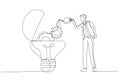 Illustration of businessman drop oil lubricant into idea lightbulb lamp with mechanical gears. Single line art style Royalty Free Stock Photo