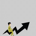 Illustration of Businessman with Eyeglasses Riding Crooked Color Arrow Pointing and Going Upward. Creative Background