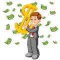 Businessman happy under falling raining money shower Royalty Free Stock Photo