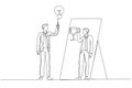 Illustration of businessman having ide lightbulb looking into mirror have reflection holding award trophy. Single line art style