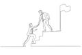 Illustration of businessman help friend to succeed and reach goal achieve target. Single line art style Royalty Free Stock Photo