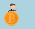 illustration of businessman holding bitcoins in his hand cryptocurrency concept