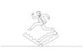 Illustration of businessman jump over trap metaphor of avoid scam business project. Single continuous line art