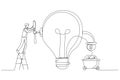 Illustration of businessman open lightbulb idea faucet to earn money coins. Idea to make money. Single line art style Royalty Free Stock Photo