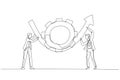 Illustration of businessman partner help rotate gear cogwheel to make arrow rising up concept of business transformation. Single