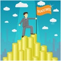 Illustration of businessman proudly standing on the huge money staircase.