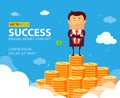 Illustration of businessman proudly standing on the huge money staircase