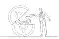 Illustration of businessman put lubricant oil on opening gold coin concept of financial liquidity. Single line art style
