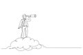 businessman riding cloud holding telescope or binocular to search for business visionary. Opportunity, vision