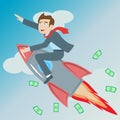 Illustration of a businessman riding a rocket goes up on the background of sky, clouds and money , the concept of success