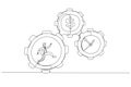 Illustration of businessman running inside gear cogs make time and money gears spin. Single continuous line art