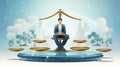 Illustration of businessman sitting on scales of justice. Concept of law and justice