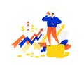 Illustration of a businessman speaking into a megaphone. Vector. The fall of stocks, assets, bonds. Exchange rates. Graphs of fall