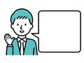 Illustration of a businessman and a speech bubble who introduces and guides