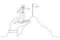Illustration of businessman stand on giant helping hand to reach mountain peak target flag. Metaphor for coaching. One continuous