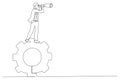 businessman standing on gears looks through a telescope.. One line art style