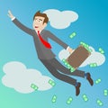 Illustration with Businessman with a suitcase full of money in the sky flying up , concept achievements in business.