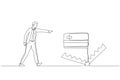 Illustration of businessman walk into credit card trap showing danger of debt. Single line art style Royalty Free Stock Photo