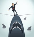 Illustration of a businessman walking on rope with sharks underneath business risk chance