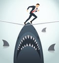 Illustration of a businessman walking on rope with sharks underneath business risk chance