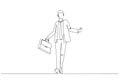 Illustration of businessman wearing glasses and holding a hand case, welcoming while walking. Single line art style