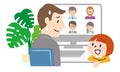 Illustration of a businessman who has trouble talking to a child during an online meeting