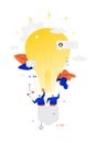 Illustration of businessmen flying in a balloon. Vector. Metaphor. Balloon in the form of an electric bulb. Two people are explori