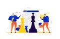 Illustration of businessmen playing chess. Competition in business. Vector. Metaphor. Development of interfaces. Strategy and tact
