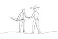 Illustration of businessmen shaking hands agreement after finished danger risky apple shot archery show. Metaphor for trusted