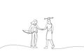 Illustration of businessmen shaking hands agreement after finished danger risky apple shot archery show. Metaphor for trusted