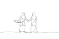 Illustration of businessmen shaking hands agreement after finished danger risky apple shot archery show. Metaphor for trusted