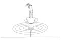 Illustration of businessmen standing above trophy on dartboard using binoculars. Single line art style