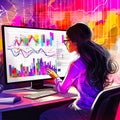 An illustration of a businesswoman analyzing data. Generative AI