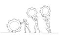 Illustration of businesswoman and colleague people holding cogwheels gear teamwork make dreamwork organization. One continuous